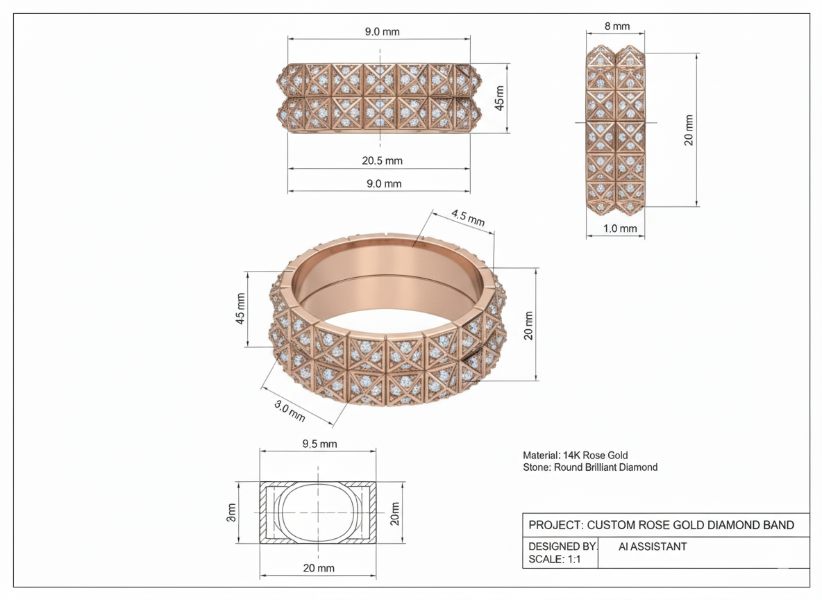 Pyramid Stud Pavé Diamond Wedding Band in 14K Rose Gold