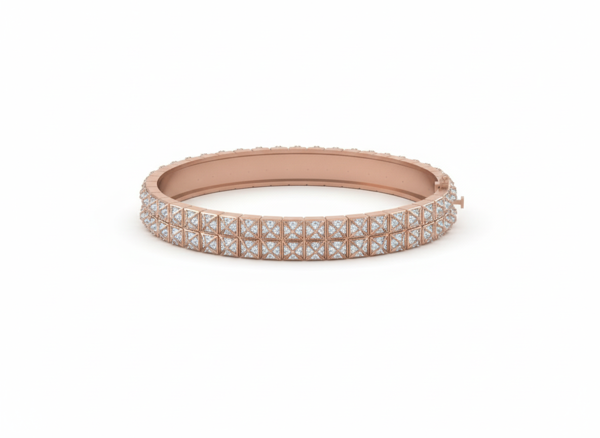 Pyramid Stud Pavé Diamond Bangle Bracelet in 14K Rose Gold
