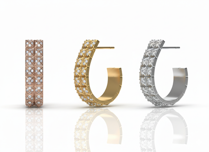 14K Rose Gold Pyramid Stud Pavé Diamond Hoop Earrings