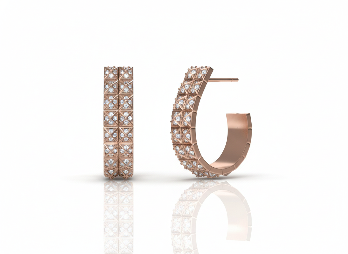 14K Rose Gold Pyramid Stud Pavé Diamond Hoop Earrings