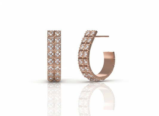 14K Rose Gold Pyramid Stud Pavé Diamond Hoop Earrings