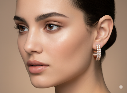 14K Rose Gold Pyramid Stud Pavé Diamond Hoop Earrings