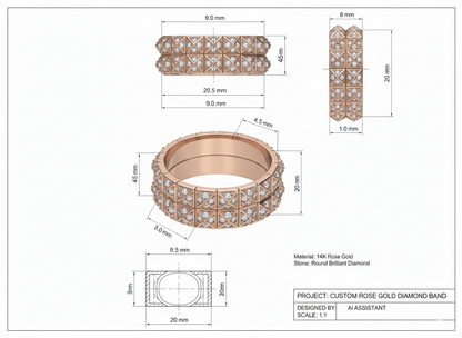 Pyramid Stud Pavé Diamond Wedding Band in 14K Rose Gold