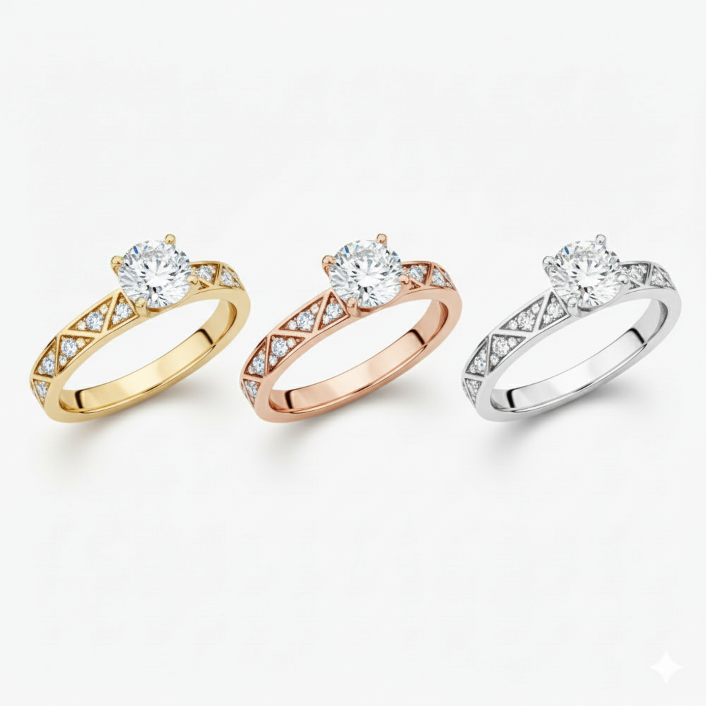 Elegant  Mosaic Geometric Pavé Diamond Solitaire Engagement Ring