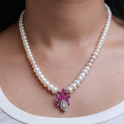 The Pearl & Ruby Blossom Drop Necklace