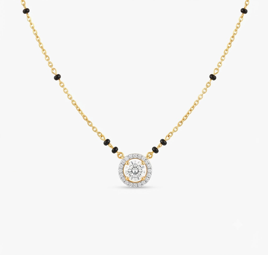 Traditional Black Bead Halo Diamond Mangalsutra
