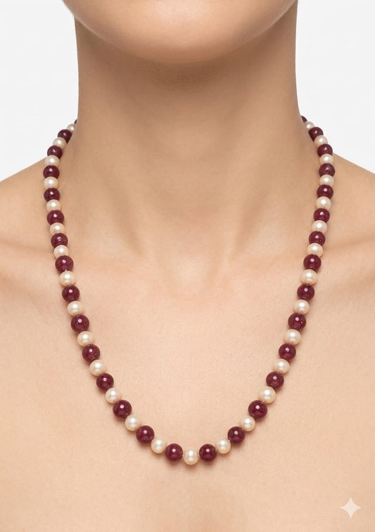 Burgundy Red Agate & Freshwater Pearl Beaded Necklace for Women